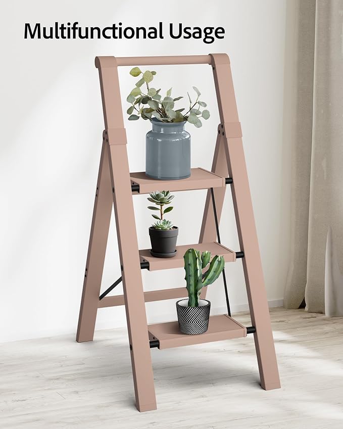 Taranta 3 Step Ladder, Lightweight Aluminum Step Stool with Convenient Handgrip, Folding Ladder with Anti-Slip Pedals, 330lbs Capacity Stepladder for Home, Office, Kitchen - Peach Pink