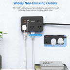 Flat Plug Power Strip Surge Protector, 5ft Ultra Thin Extension Cord with 4 USB Wall Charger(2 USB C Port), 6 Widely-Spaced Outlets Power Strip Compact for Travel, Office, Dorm Room Essentials (Black)