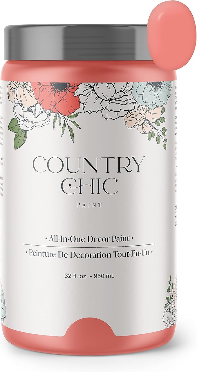 Country Chic All-in-One Chalk Paint for Furniture, Cabinets, Home Decor, Eco-Friendly, Matte Finish, Built-In Primer & Top Coat for Wood, Metal - Sunset Glow (Coral Pink) - Quart 32 oz (950 ml)