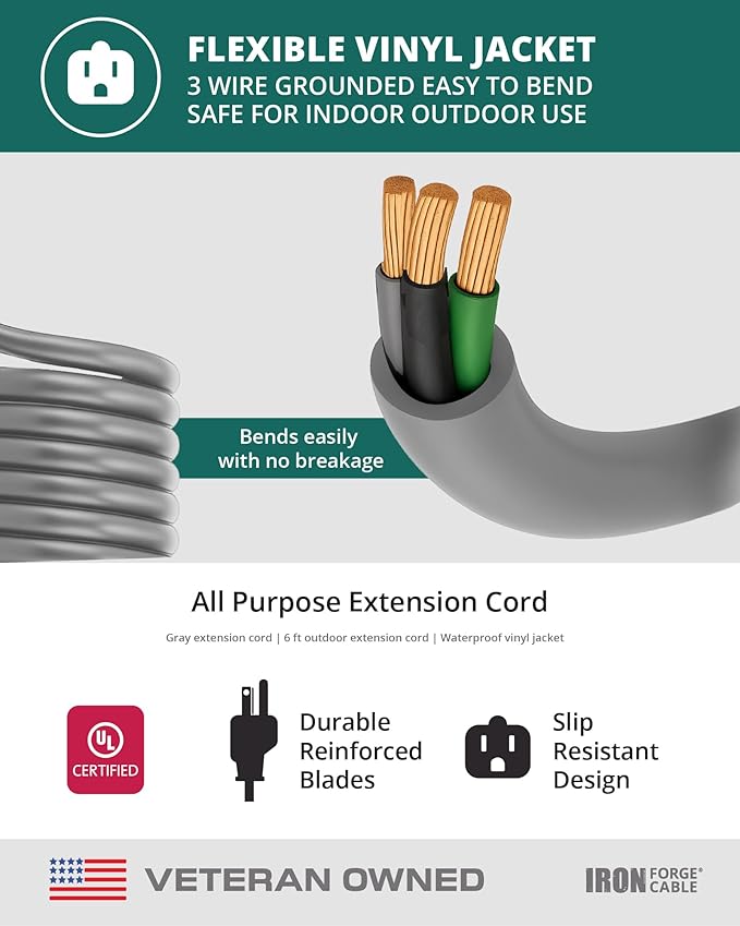 Iron Forge Cable Gray Outdoor Extension Cord 6 ft, 16/3 SJTW 6 Foot Grey 3 Prong Extension Cord Outdoor & Indoor, Weatherproof 13 Amp Heavy Duty Power Cable