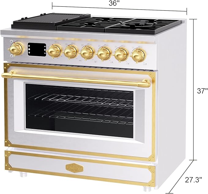 Akicon 36"Professional Custom Style Gas Range with 5.2 Cu. Ft. Oven, 6 Burners, Convection Fan, Cast Iron Grates, Clock and Timer