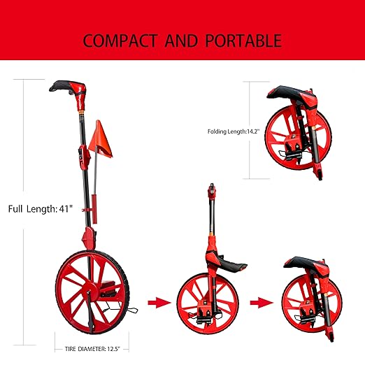 Distance Measuring Wheel in Feet, JIZHGRAD Measure Wheel with 10 Marking Flags and Added Flags Holder, 12.5”Diameter Wheel, Collapsible with One key to Zero, Measurement Wheel with Canvas Carrying Bag
