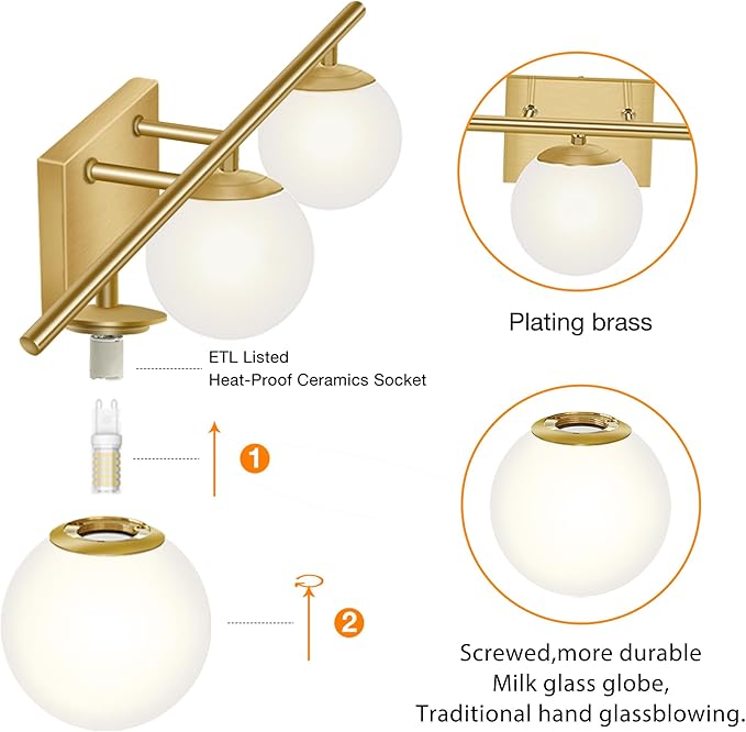 New Bathroom Vanity Light 3 Lights Fixtures Brushed Brass Milk White Globe Glass Shade Modern Wall Bar Sconce Over Mirror (Exclude G9 Bulb)