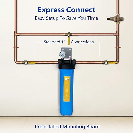 Express Water Whole House Water Filter, 1 Stage Home Water Filtration System, Sediment Filter, Includes Pressure Gauges, Easy Release, and 1 Inch Connections.