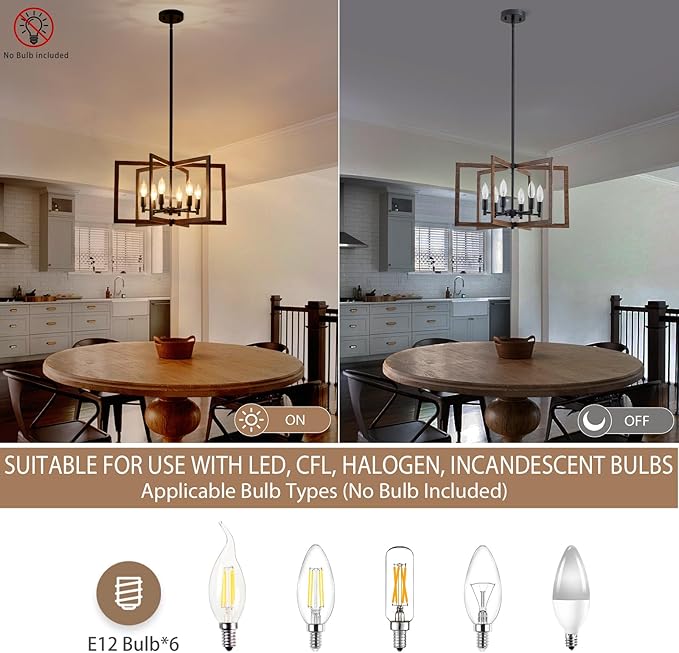 Modern Farmhouse Chandelier, 20'' Black and Wood Grain Dining Room Light Fixture, Geometric Pendant Light for Living Room Kitchen Bedroom Hallway, 6-Light Adjustable Hanging Chandelier Lamp