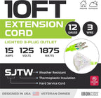 Iron Forge Cable 10 Foot Lighted Outdoor Extension Cord with 3 Outlets - 12/3 SJTW Heavy Duty Light Green Extension Cable 3 Prong - Multiple Outlets