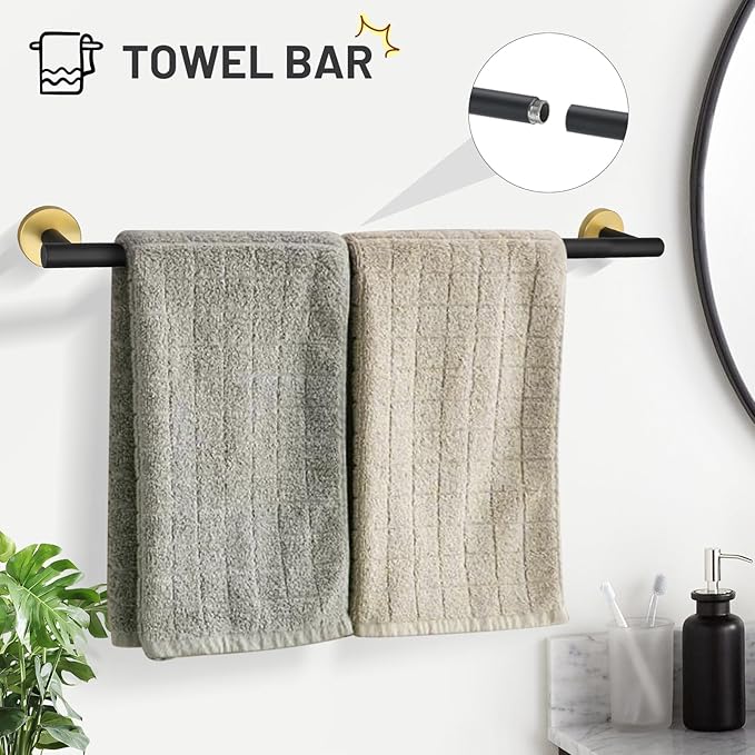 TURS Black and Gold 5 Piece Bathroom Hardware Set, SUS304 Stainless Steel Gold Black Towel Bar Set, 24 Inch Rould Bathroom Accessories Kit Wall Mounted