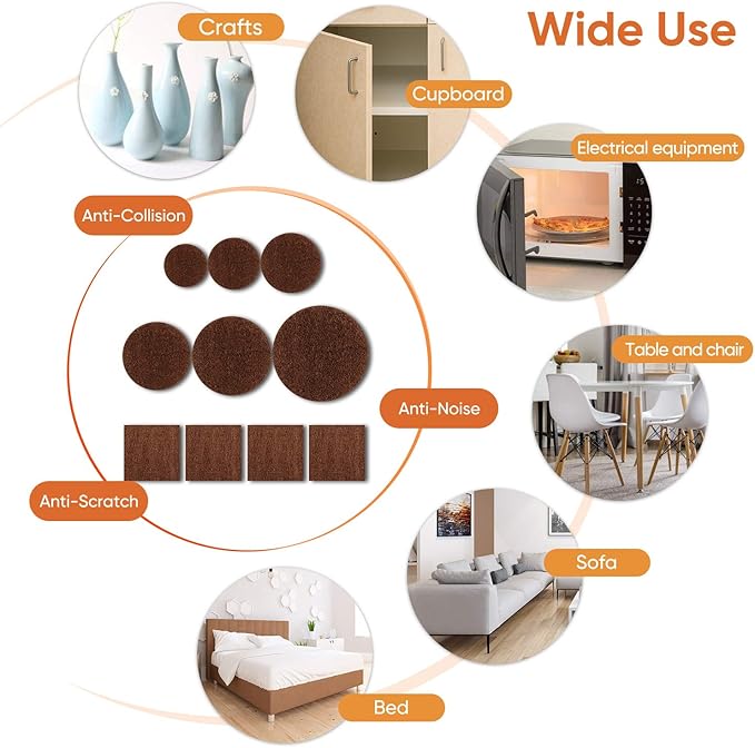 Furniture Pads Felt Pads 300 Pieces Huge Pack Furniture Felt Pads, Self Adhesive Anti Scratch Floor Protectors for Furniture on Hardwood Tile Floor, with 60 Cabinet Door Bumpers, Brown
