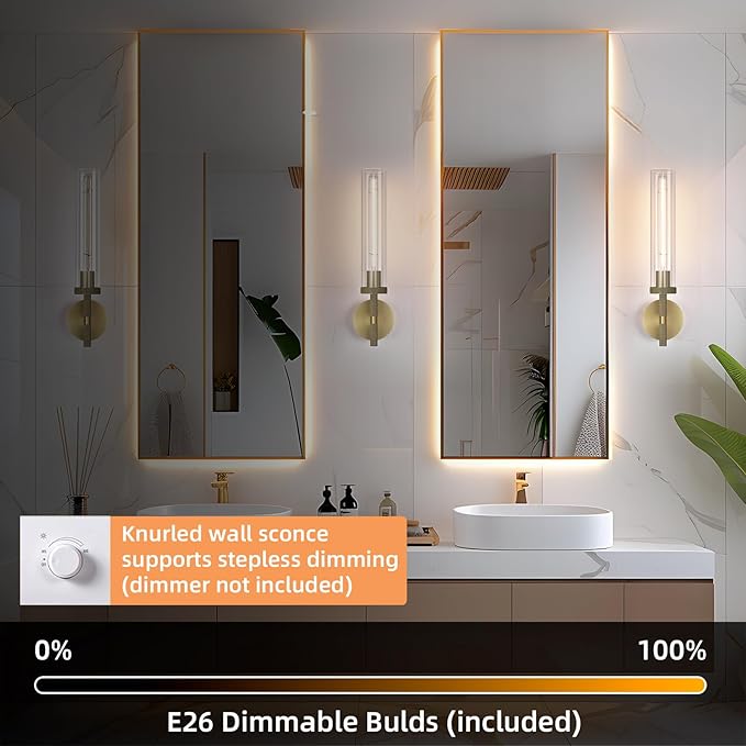 Modern Brass Hardwired Wall Sconces, 21'' Knurled Bathroom Wall Sconce, Indoor Wall Sconce,Copper and Tube Glass Vanity Light, for Living, Bedroom, Hallway, Staircases, Include Bulbs