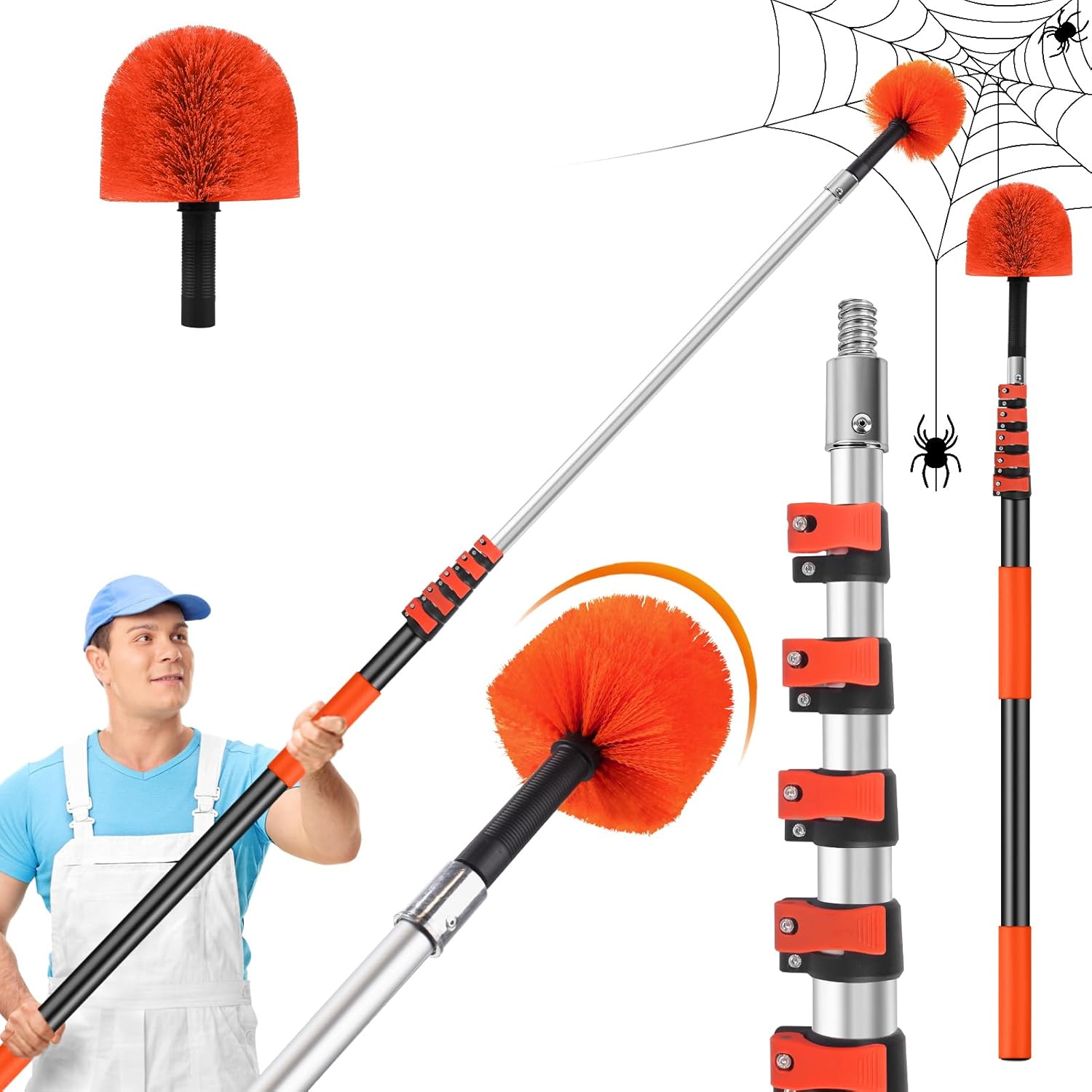 30FT Reach Cobweb Duster with Extension Pole,Spider Web Brush for Cleaning with 5-24FT Telescoping Pole,5-Stage Lightweight & Sturdy Telescopic Web Cobweb Duster Pole for Outdoor Indoor Use