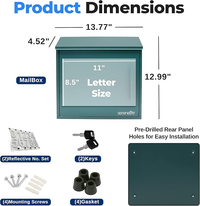 SereneLife Outdoor Wall Mailbox | 0.46 Cubic FT Locking Mailbox | Easy Installation, Secure Lock Mechanism | Ideal for Residential or Commercial Use | Wall Mountable 13.77" x 4.52" x 12.99 | Green