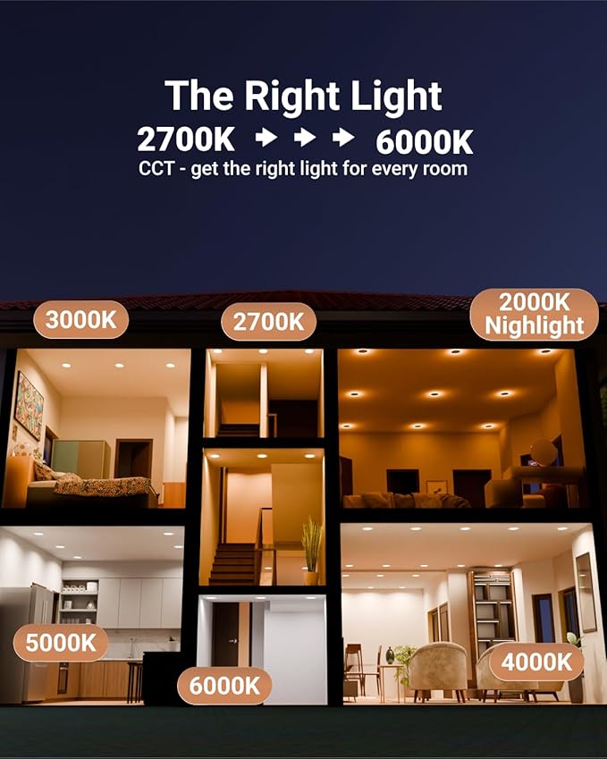 Sunco 6 Inch LED Indoor Home Area Recessed Lighting with Night Light, Selectable CCT 2700K/3000K/4000K/5000K/6000K 13W Dimmable Can Lights, 1200 Lumens, Damp Rated, Retrofit Installation 48 Pack