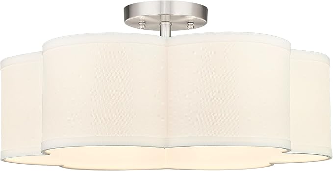 Semi Flush Mount Ceiling Lights, 6-Light 18" Ceiling Light Fixtures with Fabric Shade in Flower Shape, Brushed Nickel Farmhouse Drum Lighting for Nursery Bedroom Kitchen, AD-22007-6SF-SN