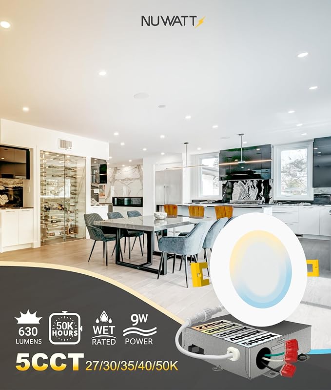 NUWATT 4 Inch Ultra Thin LED Recessed Lighting, 5CCT 2700K/3000K/3500K/4000K/5000K Selectable, 630LM, 9W, IC Rated, Dimmable Canless LED Wafer Light, White Trim, Metal Junction Box, ETL, 6 Pack