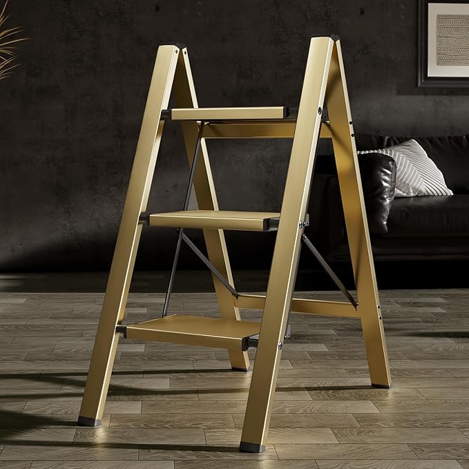 HillhutApex 3 Step Stool, Aluminum Foldable Step Ladder, Lightweight Stable Stool with Wide Non-Slip Pedals, 330lbs Bearing Capacity Ladder for Office,Home,Kitchen - Gold