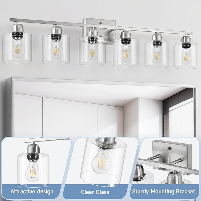 Modern Brushed Nickel 6 Light 38 inch Vanity Lights for Bathroom with Clear Glass, Vanity Light for Mirror Kitchen Living Room Hallway Cabinet Porch