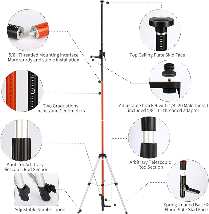Telescoping Pole, Telescoping Laser Level Support Pole with Tripod and Mount for Lasers Level of Rotary and Line Lasers