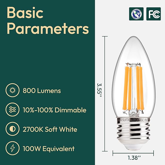 ALAMPEVER 800LM Super Bright Dimmable LED Light Bulb, E26 LED Bulb 100 Watt Equivalent, B11 2700K Soft White LED Candelabra Bulb, 5.5W, 12 Pack