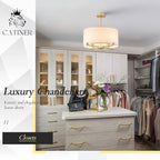 Modern Drum Chandelier 18” White and Gold Pendant Light Fixture Round Fabric Shade 4 Lights Semi Flush Mount Hanging Ceiling Chandelier for Dining Room Bedroom