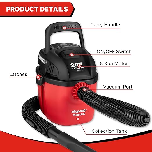 Shop-Vac Wet Dry Cordless Vacuum Cleaner, 8.0 Peak Kpa Cordless Vacuum Cleaner with Collapsible Handle Wall Bracket & Multifunctional Attachments, Portable Compact Shop Vacuum for Home, Car, Jobsite