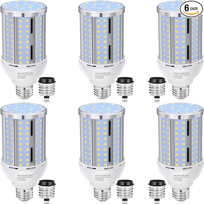 6 Pack 54W Corn LED Light Bulb,(480 Watt Equivalent) Fanless E26/E27 Medium Base LED Cob Lamp 5000K Daylight 6,800LM for Outdoor Indoor Garage Warehouse Factory Workshop Street Backyard