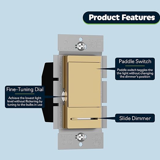 TOPGREENER Dimmer Switch with Light Adjustment Slider, Single Pole or 3 Way, 150W LED, 600W Incandescent/Halogen, 120V 60Hz, UL Listed, TGDMDS-120-GD, Gold