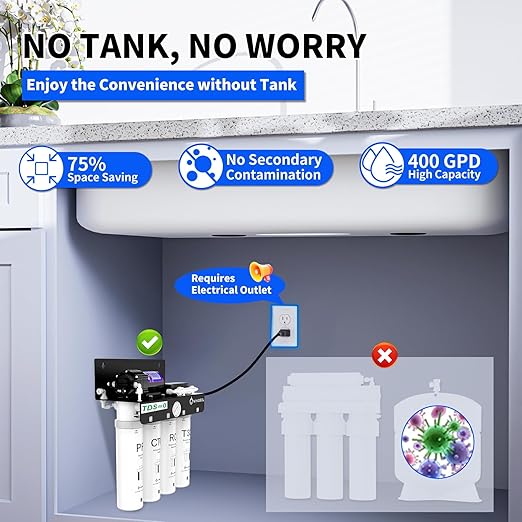 WINGSOL Reverse Osmosis Water Filter, 0 TDS UV Space-Saving Tankless RO System, 10-Layer Filtration Under Sink, NSF/ANSI 42&53&58 Certified, Easy-Change Filter, Plug-in Required