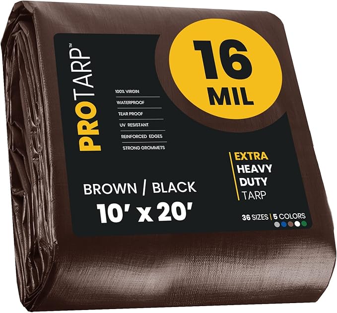 PROTARP Extra Heavy Duty 16 Mil Tarp Cover, Waterproof, UV Resistant, Rip and Tear Proof, Poly Tarpaulin with Reinforced Edges for Roof, Camping, Patio, Pool, Boat. (Brown/Black 10′ X 20′)