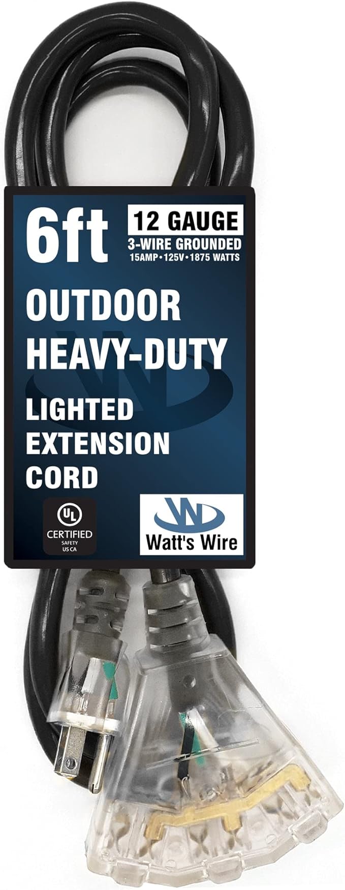 Outdoor Extension Cord Waterproof (6 ft) 12 Gauge Heavy Duty Extension Cord Splitter - Lighted Outdoor Extension Cords with Multiple Outlets - Watts Wire - 6' Grounded - extensiones electricas