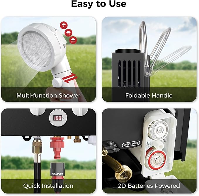 CAMPLUX Portable Tankless Water Heater 1.58 GPM, BW158B Outdoor Propane Water Heater Camping, 41,000 BTU, Black