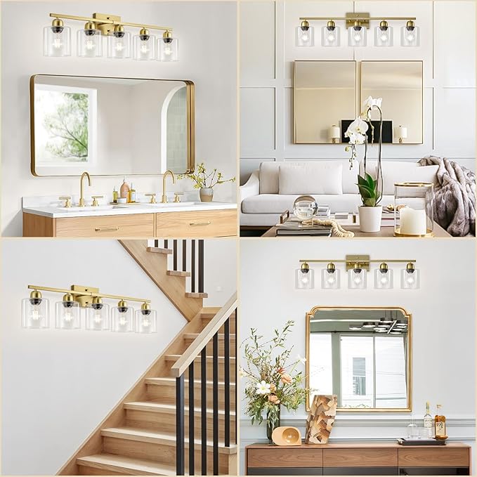 Modern Brushed Gold 5 Light Bathroom Vanity Light,31 inch Vanity Lights for Bathroom with Clear Glass for Mirror Kitchen Living Room Hallway Cabinet Porch