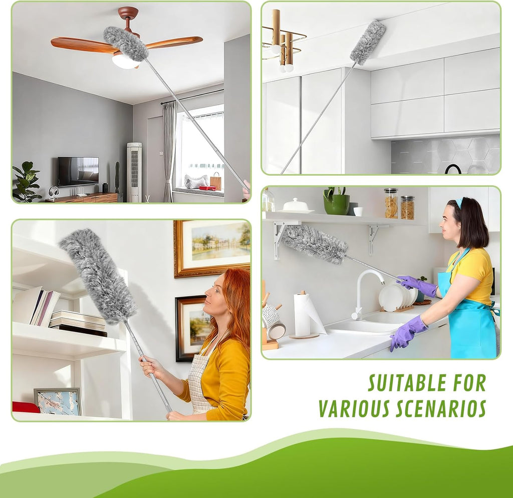 100-inch Duster with Extension Pole, 9-in-1 Cobweb Duster Kit Includes Spider Web Brush & Flat Gap Cleaner for High Ceiling, Fan, Under Appliances, Car, Home Deep Cleaning