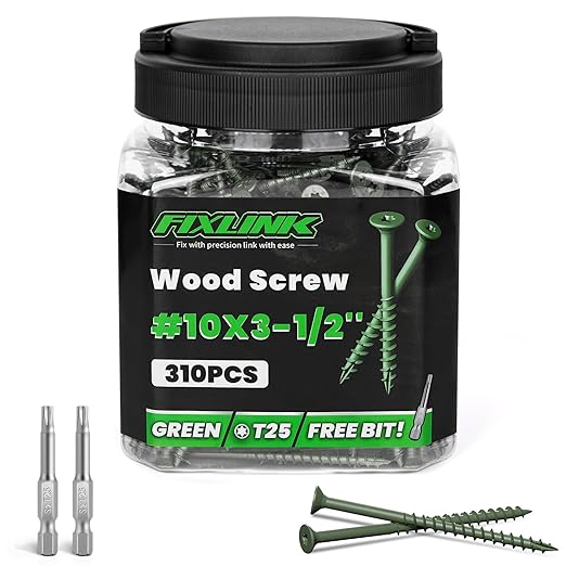 Wood Screws 3-1/2 Inch, FIXLINK Deck Screws #10 x 3-1/2", 310 PCS, Epoxy Coated, T25 Star Bit Above 1500 Hour Salt Spray Coating Outdoor Decking Screws Excellent Rust Resistant for Wood Fence, Green