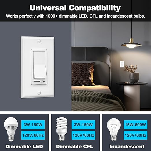 BESTTEN 2 Pack Dimmer Light Switch, Universal Lighting Control, Single Pole or 3 Way, Compatible with LED Dimmable Lamp, CFL, Incandescent, Halogen Bulb, Decorator Wallplate Included, UL Listed, White