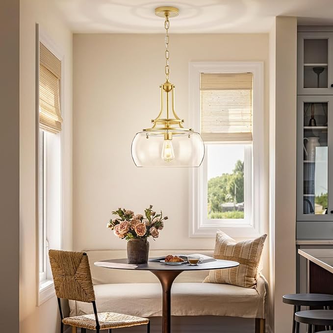 Industrial Round Chandelier Rustic Ceiling Light Fixture Farmhouse Pendant Light with Clear Glass Shade for Dining Room Hallway Entryway Kitchen Bedroom, Gold