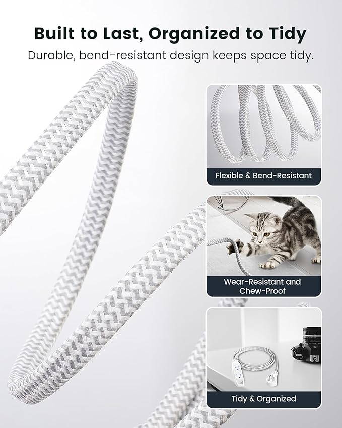 SURAIELEC 1FT Extension Cord, 360° Rotating Flat Plug Extension Cord Flat Wall Plug with 3 Outlets, White Braided Flat Cord for Indoor Use, Compact Areas, 16/3C SPT, ETL Listed, 2 Pack