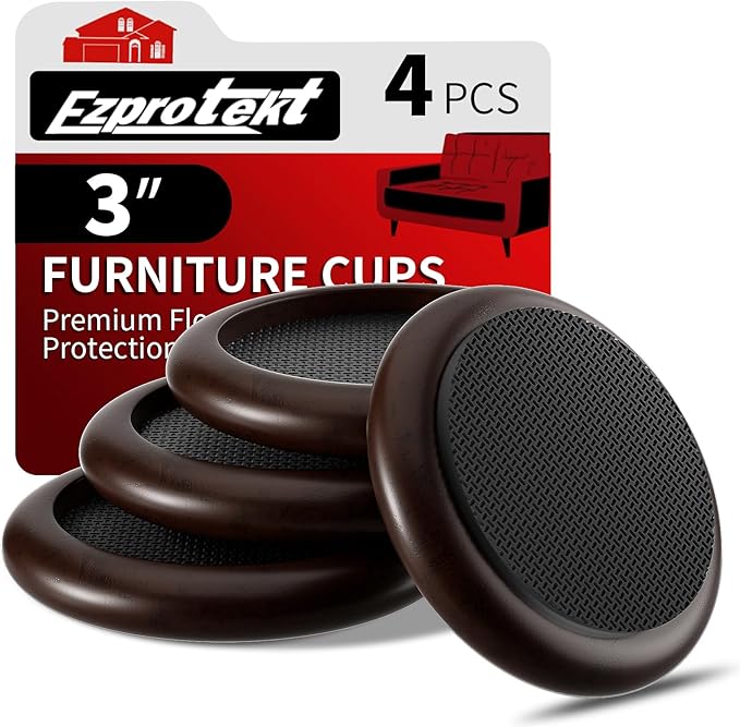 Ezprotekt 3” Non Slip Round Wood Furniture Pads for Hardwood Floors, 4 Pcs Anti Slip Furniture Coaster for Chair Sofa Bed Couch, Furniture Cups with Anti-Slide EVA Anti-Scratch (Dark Brown)