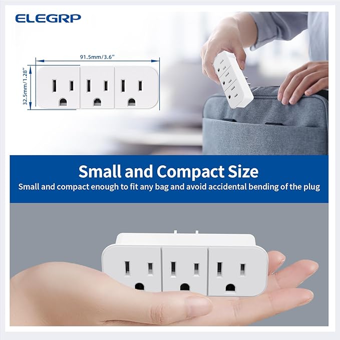 ELEGRP Triple Outlet Extender, 3-Prong Grounded Wall Tab, Multiple Outlet Extender Adapter Plug with 3 Electrical Outlets for Travel Home Hotel Office, ETL Listed, 4 Pack, White