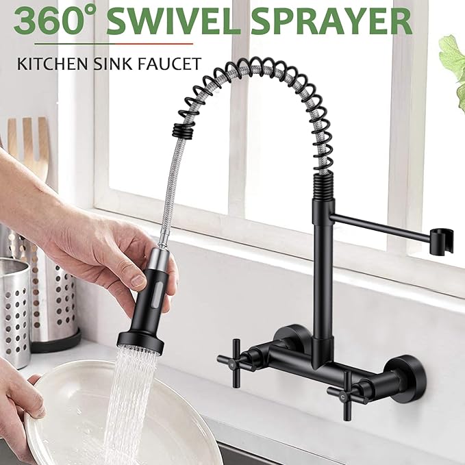 Wall Mount Kitchen Faucet, Hurran Matte Black Kitchen Sink Faucet, 8 Inch 2 Handle Wall Mount Commercial Sink Faucet with Pull Down Sprayer for Kitchen Laundry Room Restaurant