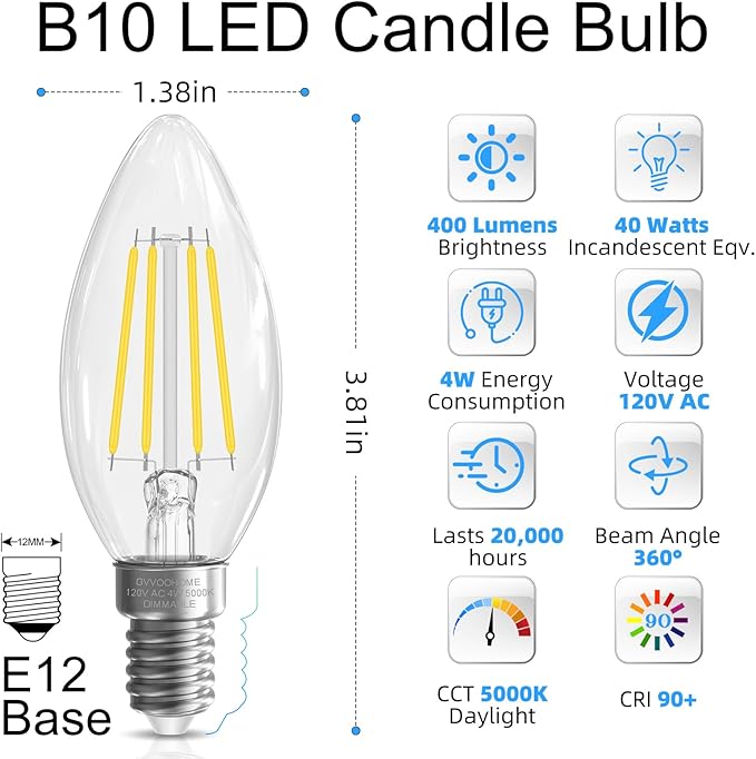 Candelabra Light Bulbs 40 watt Equivalent, E12 LED Bulb Dimmable Chandelier Bulb, 5000K Daylight B10 Candle Light Bulb, 90+CRI, 400LM, Cear Glass, 6 Pack