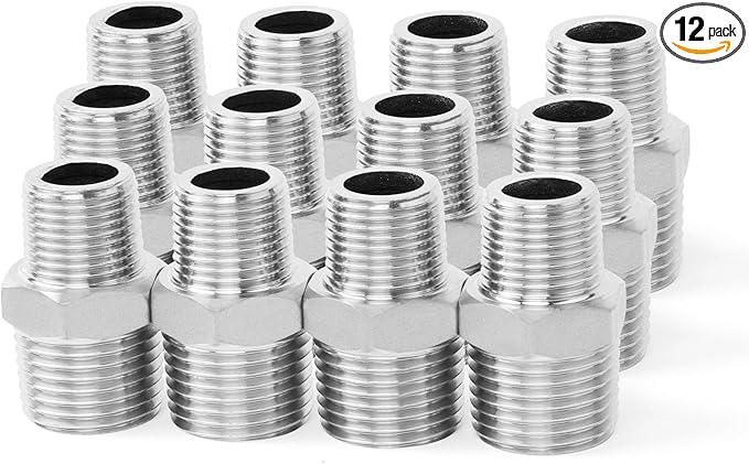 ChillWaves 304 Stainless Steel Pipe Fitting, Reducer Hex Nipple 1/4" NPT Male x 1/8" NPT Male Thread Adapter(12-PACK)