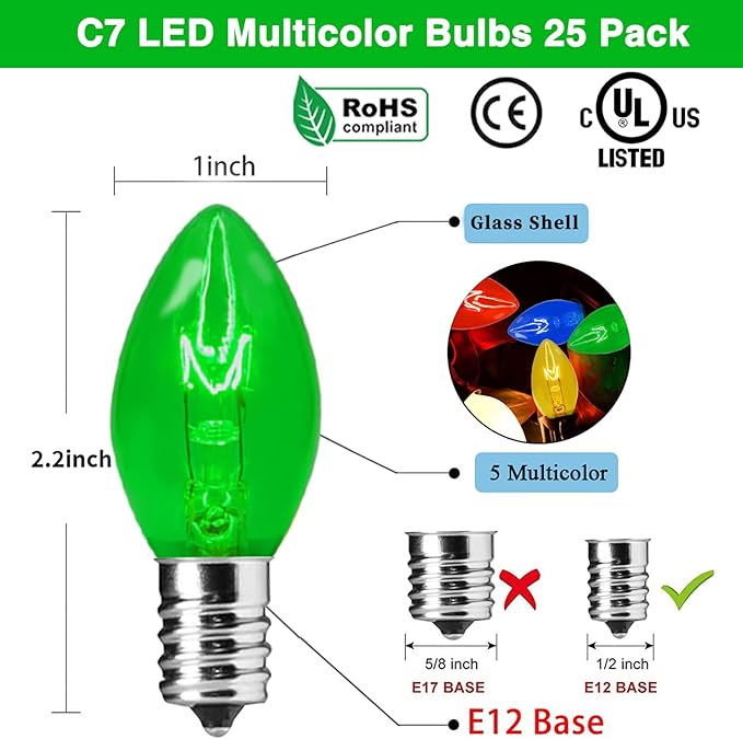25 Pack C7 Christmas Replacement Light Bulbs, C7 Clear Multi-Color Christmas Lights for Christmas Outdoor Patio Indoor String Lights, C7/E12 Candelabra Base, 5 Watt