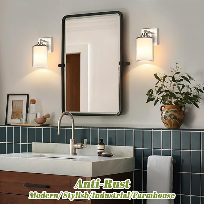 Set of 2 Wall Sconces for Bathroom, Modern Vanity Light Fixtures, Nickle Wall Mount Lighting Lanterns, Farmhouse Wall Lights with Double Clear Glass Shade for Bedroom Living Room Mirror Hallway