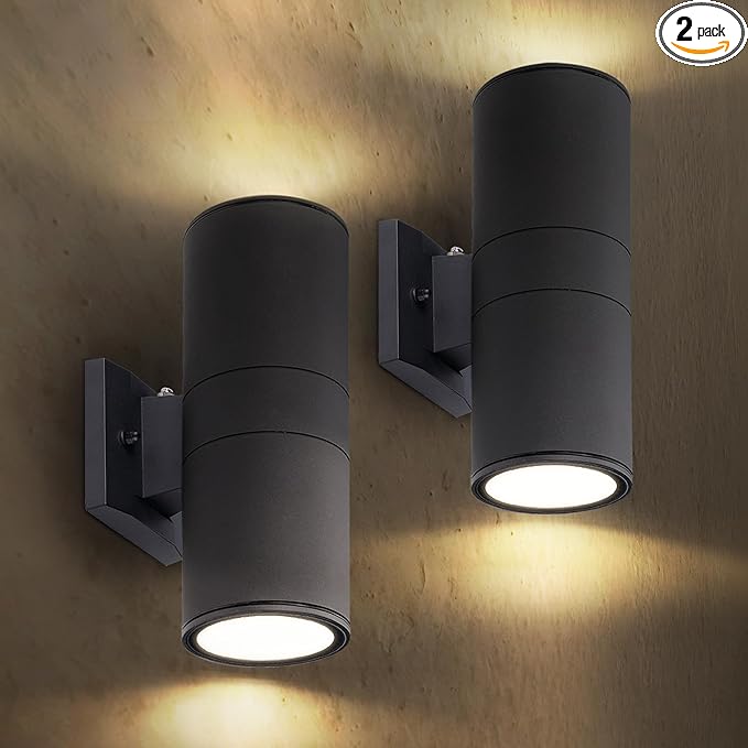 ASD 2 Light Dusk to Dawn Outdoor Wall Light Fixture | 120W E26 Bulb Socket 120V ETL Cylinder Up Down Lights | LED/CFL/Incandescent Bulb Exterior Wall Sconce | Front Door, Porch, Patio | Black, 2 Pack