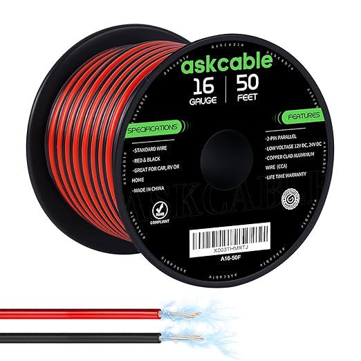 16 Gauge Wire, 16 AWG Electrical Wire Cable, 2 Conductors Red Black Wire, Copper Clad Aluminum(CCA) Flexible PVC Extension Cord for Speaker, Hookup LED Strips, Automotive 12V/24V DC (50FT)