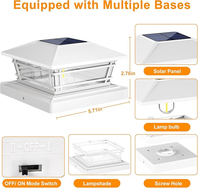 Solar Post Cap Lights Outdoor 8Pack [LED Bulb, 2 Brightness Setting] Fence Post Solar Lights Waterproof for 4x4 5x5 or 5.5x5.5 Wood Posts, Warm Bright Bulb Lighting for Garden Deck Yard White