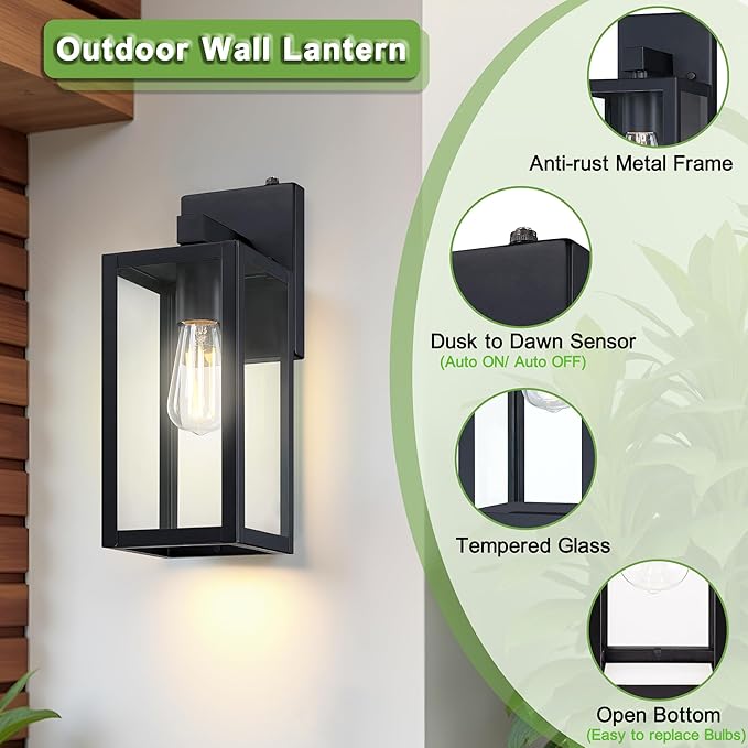 GRUENLICH Dusk to Dawn Large Outdoor Wall Lantern, Wall Sconce as Porch Lighting Fixture, E26 Base Max 60W, Metal Housing with Glass Shade (Black, 2-Pack)