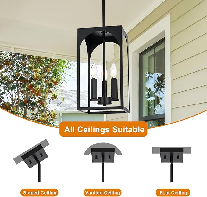VINLUZ 3 Lights E12 Outdoor Pendant Lighting Fixture in Black Finish Finish, Farmhouse Hanging Lantern Chandelier with Clear Glass Shade for Porch Entryway Hallway