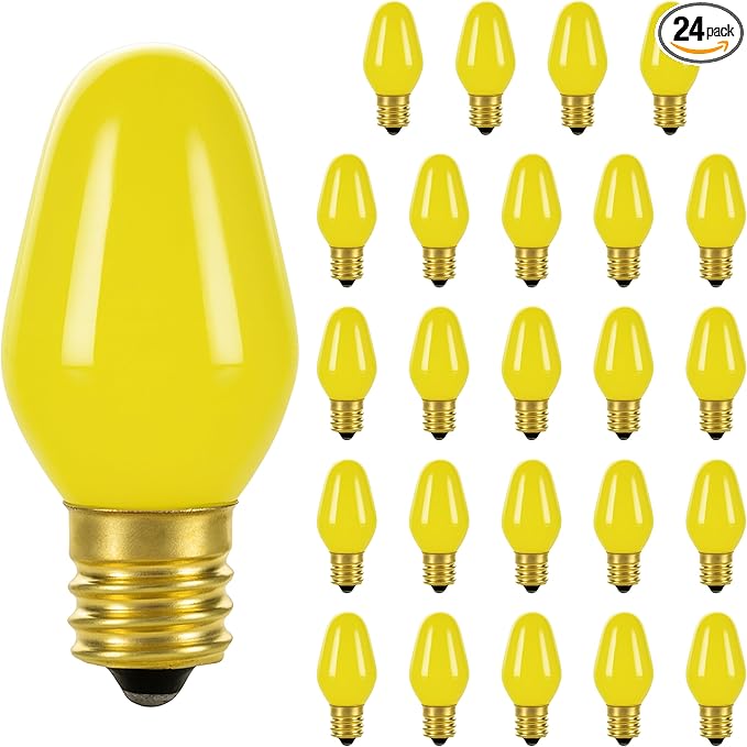 OHLECTRIC Night Light Bulbs (24-Pack – Yellow), 7 Watt Mini Bulbs – E12 Candelabra Base, Non-Dimmable, 120 Volts – C7 Night Light Lamp Replacement Bulb for Salt Lamps, Window Candles, Holiday Decor