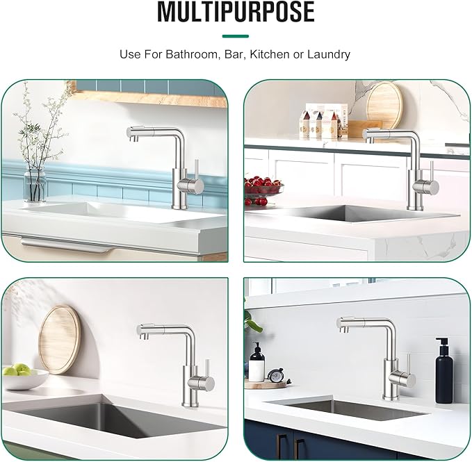 CREA Kitchen Faucet with Pull Down Sprayer - Pre Wet Bar Sink Faucets Single Hole/Handle - Brushed Nichel Stainless Steel Small Faucet for Mini Sink RV Outdoor Utility Laundry Room Faucet